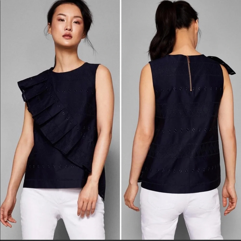 ! TED BAKER LONDON Top Ruffle Front Detail Embroidered Eyelet Navy Blue …